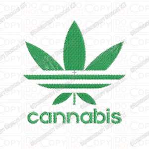 Może przedstawiać: Zielone logo liścia konopi z napisem "cannabis" w kolorze zielonym poniżej. Logo to stylizowany projekt, przypominający logo marki sportowej. Na białym tle.