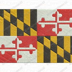 Może przedstawiać: Flaga stanu Maryland przedstawia czteropolowy wzór w kolorze czarnym i złotym z czerwonym i białym krzyżem w każdym z czterech kwadrantów.