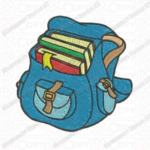 Könnte beinhalten: Ein blauer Rucksack mit einem braunen Riemen und einer Schnalle. Der Rucksack ist mit bunten Büchern gefüllt.