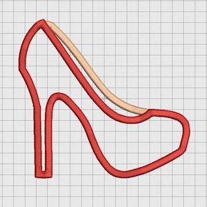 May include: A red high-heeled shoe with a rounded toe. The shoe has a thin, curved heel and a single strap across the top.