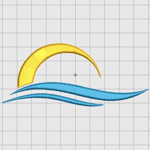 Op de afbeelding: Een gestileerd grafisch ontwerp van een gele zon die ondergaat boven twee blauwe golven.