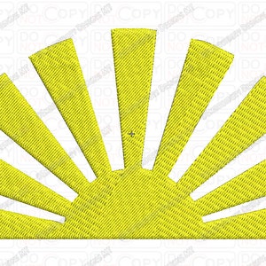 Peut inclure: Un soleil stylisé jaune avec des rayons émanant du centre. Le soleil est en forme de demi-cercle et a un remplissage jaune uni.