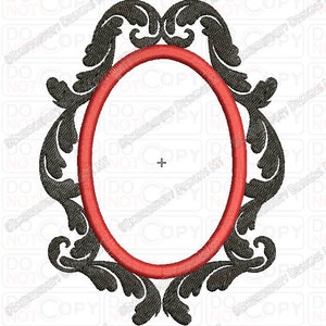May include: A black ornate frame with a red oval inside. The frame has a decorative design with swirls and leaves.