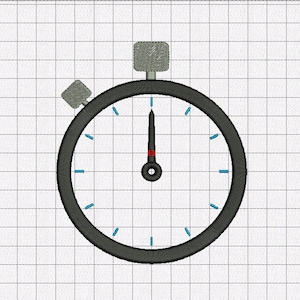 May include: A black and white stopwatch with a large round face and a single hand pointing to the 12. The face has small blue tick marks around the edge.