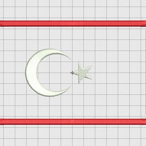 Può includere: Una cornice rettangolare rossa con una mezzaluna bianca e una stella bianca a cinque punte all'interno.
