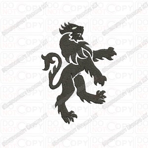 May include: A black silhouette of a heraldic lion standing on its hind legs with its tail curled around its body. The lion is facing to the right and has a mane and a long tail.