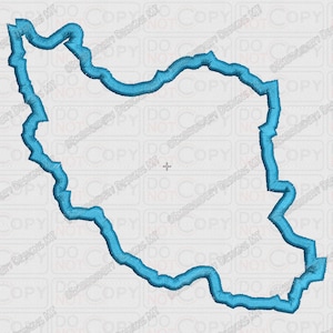 Puede incluir: Un contorno azul del país de Irán. El contorno es una forma simple y sólida sin detalles internos.
