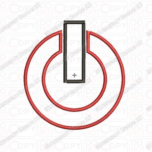 Op de afbeelding: Een rood stroomknop-pictogram met een zwarte omtrek. De knop heeft de vorm van een cirkel met een kleinere cirkel erin. Het stroomknop-symbool is een zwart rechthoek met een plusteken erin.