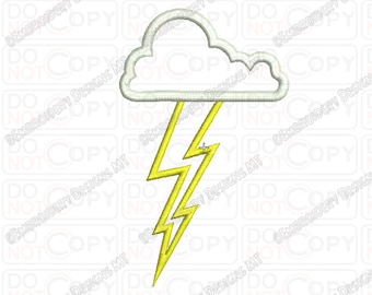 Cloud Lightning Bolt Applique Embroidery Design in 4x4 and 5x5 Sizes