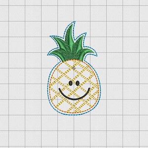 May include: A yellow pineapple with a green leafy top and a smiling face. The pineapple is outlined in blue.
