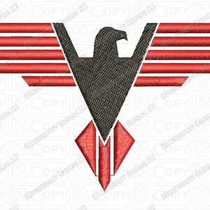 Peut inclure: Un aigle noir stylisé avec des ailes rayées de rouge et de blanc. La tête de l'aigle est tournée vers l'avant avec un bec pointu. Les ailes de l'aigle sont déployées et les plumes de la queue sont pointues.