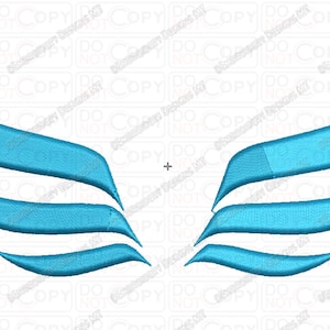 May include: A pair of stylized blue wings with three feathers each, set against a white background.
