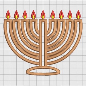 May include: Embroidered menorah design with eight flames. The flames are red and yellow, and the menorah is a light brown colour. The design is on a grid background.