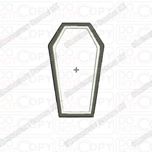 May include: A gray coffin shape with a white outline. The shape is a simple outline of a coffin.
