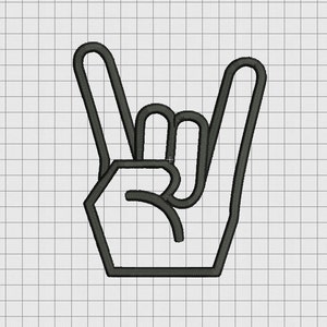 May include: A black and white line drawing of a hand making the rock and roll hand gesture.
