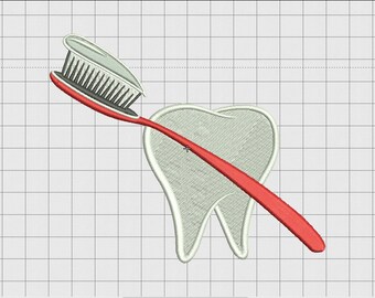 Tooth and Toothbrush Embroidery Design in 3x3 4x4 5x5 and 6x6 Sizes