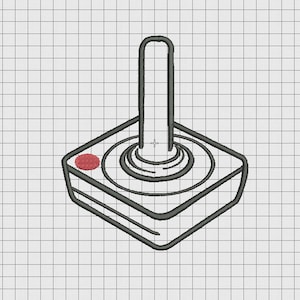 May include: A black and white line drawing of a vintage joystick video game controller. The joystick has a red button.