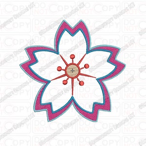 May include: A pink and blue cherry blossom flower with a red center and a white background.