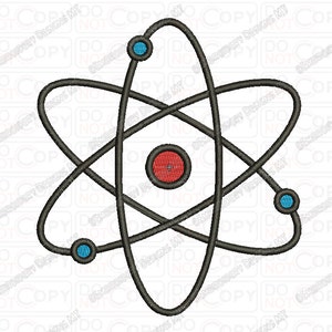 May include: A black and white illustration of an atom with a red nucleus and three blue electrons orbiting around it.