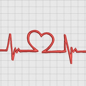 May include: Red embroidered design of a heartbeat with a heart shape in the center. The design is on a white grid background. The heartbeat line is a continuous line, creating a visual representation of love and life.