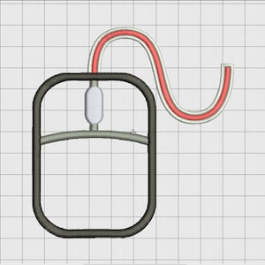 May include: An embroidered design of a computer mouse. The mouse is outlined in dark grey, with a light grey scroll wheel and a white button. The cord is red with a white border. The background is a grid.