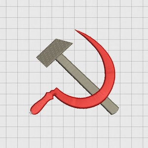 Puede incluir: Un símbolo de martillo y hoz rojo, un símbolo común del comunismo.