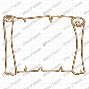 May include: A brown outline of a rolled up scroll with a blank space in the middle. The scroll is tied at both ends with a swirl.