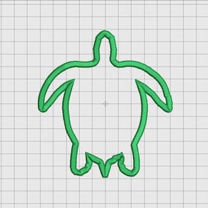 May include: A green outline of a turtle, with a simple design, on a white grid background.