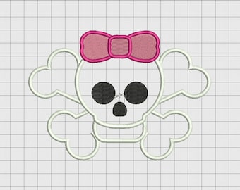 Skull and Crossbones with Bow Applique Embroidery Design in 3x3 4x4 and 5x7 Sizes