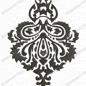 May include: A black and white intricate design with a floral pattern. The design is symmetrical and has a pointed bottom.