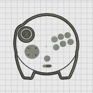 May include: A gray outline of a video game controller with a circular shape and a joystick, four buttons, and a directional pad.