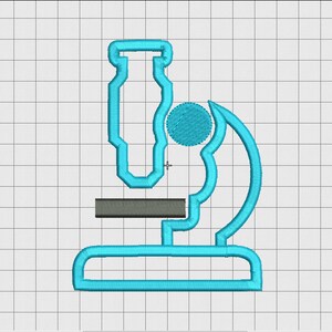 May include: A blue and gray microscope illustration. The microscope has a round lens, a rectangular base, and a tall, cylindrical body.