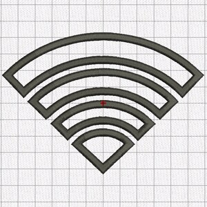 Könnte beinhalten: Ein schwarz-weißes WLAN-Symbol mit fünf konzentrischen Kreisen.