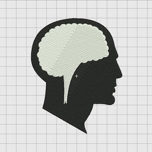 May include: A black silhouette of a person's head in profile with a white brain inside.