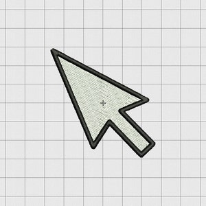 May include: An embroidered cursor arrow, featuring a light green fill and a black outline. The arrow is angled towards the upper left, set against a grid background.