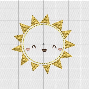 May include: A yellow sun with a smiling face and rosy cheeks. The sun has a simple, cartoon-like design.
