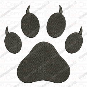 Puede incluir: Un diseño de huella de pata gris oscuro, con cinco almohadillas ovaladas y una almohadilla más grande en forma de corazón. Cada almohadilla tiene una apariencia texturizada y una pequeña garra curvada. Adecuado para manualidades con temática de mascotas.