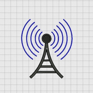 Könnte beinhalten: Eine schwarz-blaue Illustration eines Funkturms mit einem Signal, das von der Spitze ausgeht.
