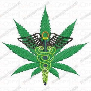 May include: A green marijuana leaf with a medical caduceus symbol in the center. The caduceus is a staff with two snakes intertwined around it and wings at the top.