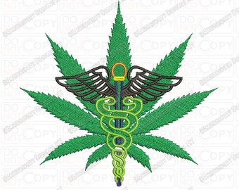 Medical Marijuana Cannabis Leaf with Caduceus Embroidery Design in 3x3 4x4 and 5x7 Sizes