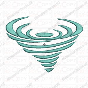 May include: A teal blue stylized tornado design with a swirling pattern.
