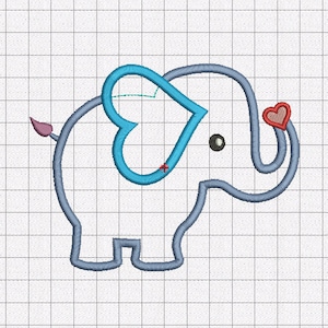 Heart Elephant Applique Embroidery Design in 3x3 4x4 5x5 and 6x6 Sizes