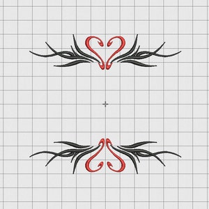 Può includere: Due disegni in stile tribale neri con cuori rossi al centro. I disegni sono simmetrici e hanno un aspetto fluido e organico.