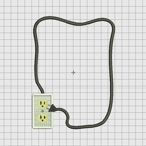 May include: A white electrical outlet with two slots and a ground prong. A black electrical cord is plugged into the outlet and loops around to form a frame.