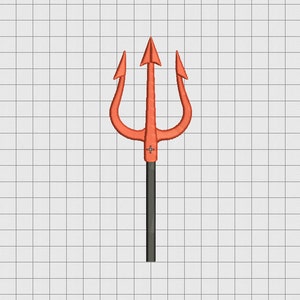 Könnte beinhalten: Ein roter Dreizack mit drei Zacken und einem schwarzen Griff.