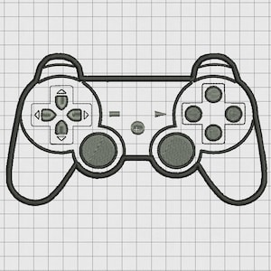 May include: A black and white outline drawing of a video game controller. The controller has a directional pad, four buttons, and two analog sticks.