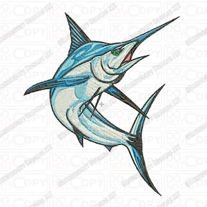 May include: A blue and white marlin fish with a long, pointed bill and a dorsal fin. The fish is jumping out of the water with its tail raised.