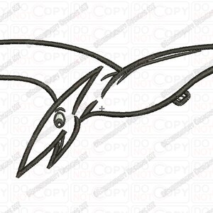 May include: A black and white line drawing of a pterodactyl flying with its wings spread out.
