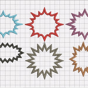 Peut inclure: Six formes d'étoiles éclatantes de différentes couleurs avec un centre blanc. Les couleurs sont bleu clair, rouge, violet, noir, gris et marron.