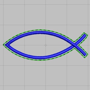 Könnte beinhalten: Gesticktes blaues Fischsymbol mit grünem Umriss, vor grauem Hintergrund. Die Fischform ist ein religiöses Symbol, oft mit dem Christentum in Verbindung gebracht. Das Design ist einfach und sauber, geeignet für verschiedene Anwendungen.